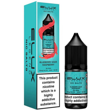A product image showing a bottle of Elux Legend Blueberry Sour Raspberry Nicotine Salt E Liquid, alongside its packaging box which has the same color scheme and branding.