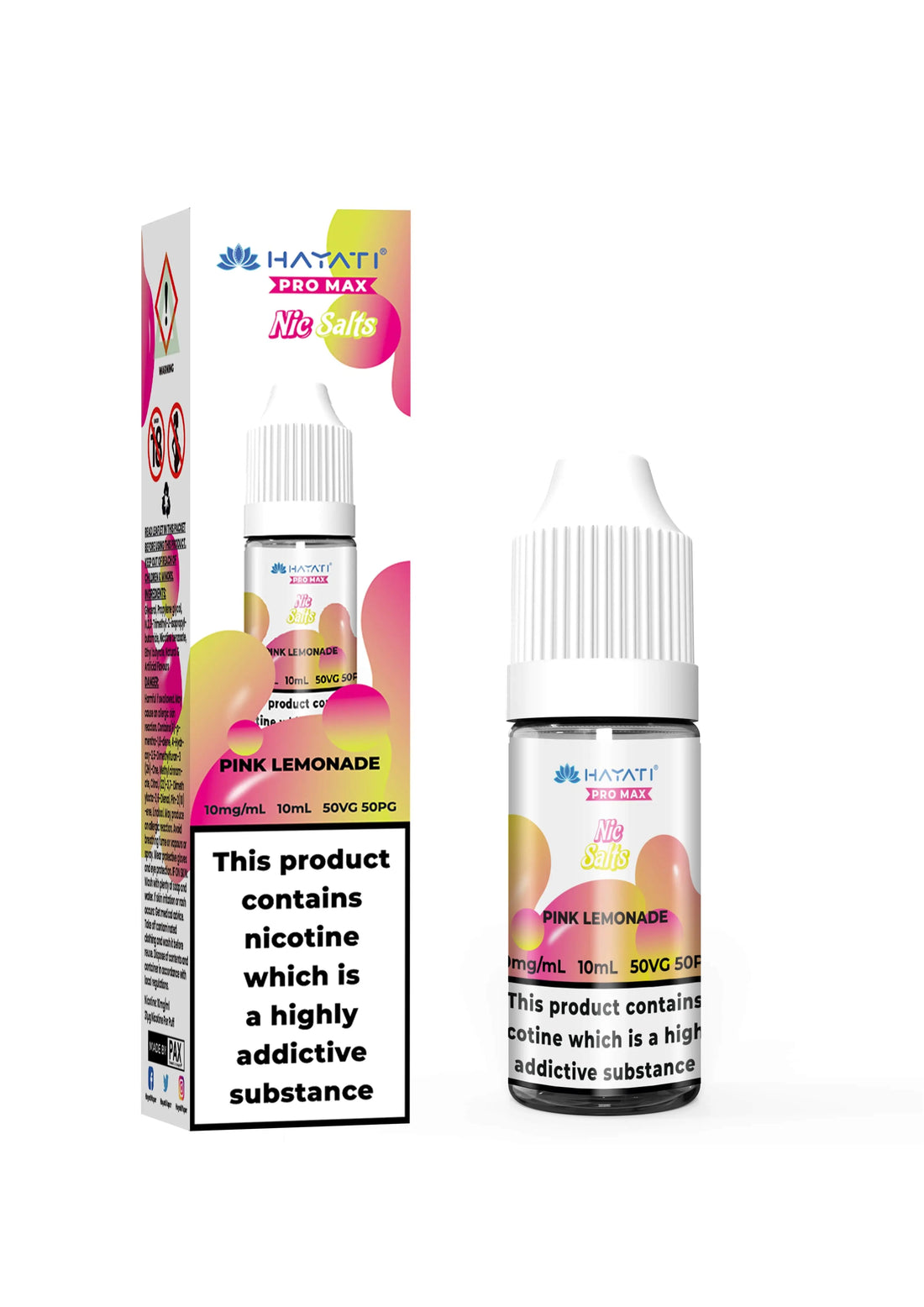 Hayati Pink Lemonade vape juice bottle and packaging on a white background