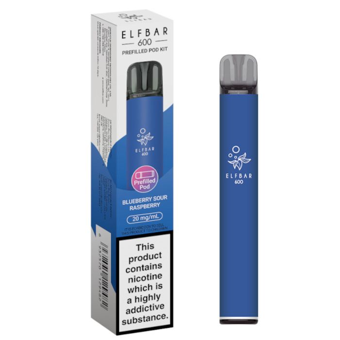 Blue Elfbar vape pen with packaging on a white background