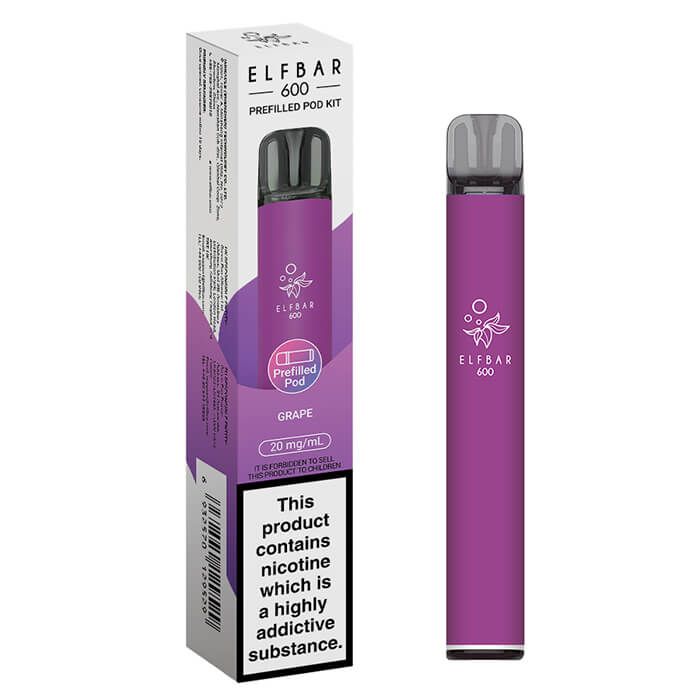 Purple vape device with packaging labeled 'ELF BAR 600' on a white background