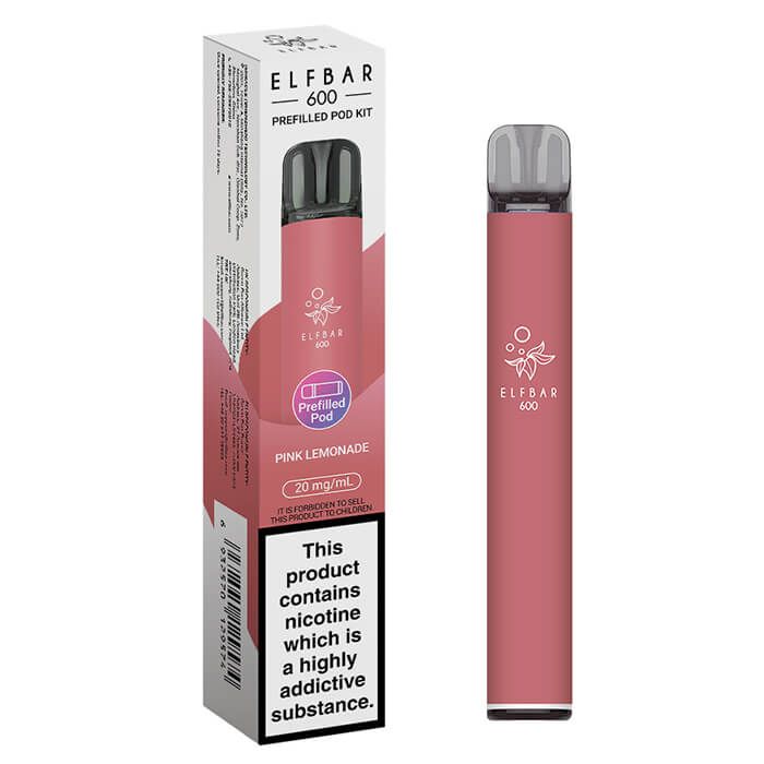 Pink vape pen with packaging labeled 'ELF BAR 600' on a white background