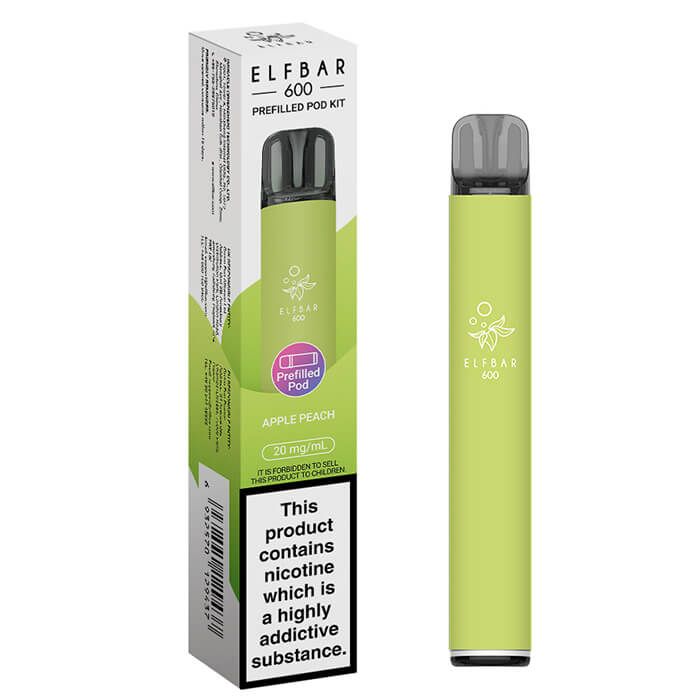 Elfbar 600 vape pod kit with green vape pen and packaging on a white background